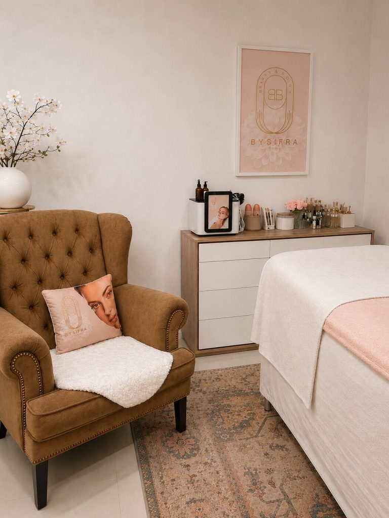 The studio interior — velvet armchair, treatment bed and logo on the wall