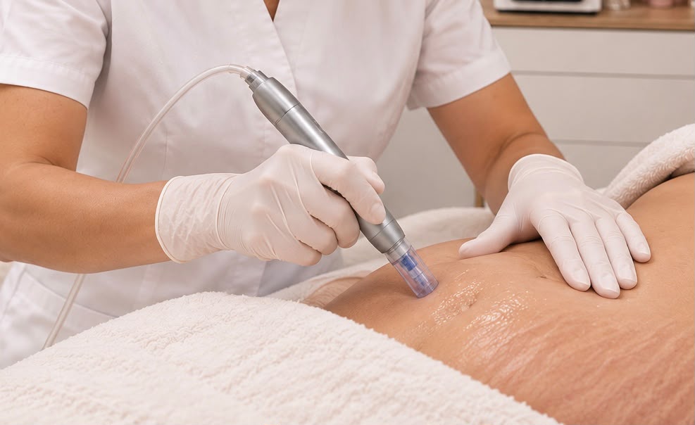 Therapist performing microneedling on stretch marks
